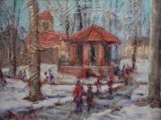 Bruce-Wood-Franklin-Common-w-Snow-6x8 Painting of Franklin MA town Common with band stand and St. Mary’s church