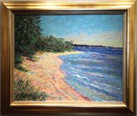 Painting of sandy beach and boats, framed